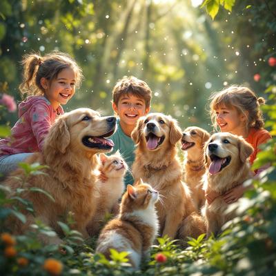 The primary subject of the image is a group of children and dogs sitting together in a forest. The setting is a lush green forest with trees and plants surrounding the group. The visual style is a photo, capturing the children and dogs in a natural environment. The colors and mood of the image are vibrant and joyful, as the children and dogs are smiling and enjoying their time together.